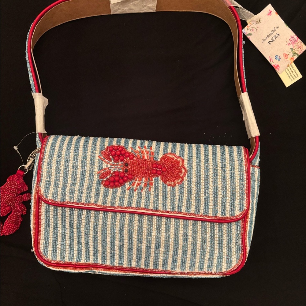 VIRAL Red and Blue Beaded Lobster Shoulder Bag.